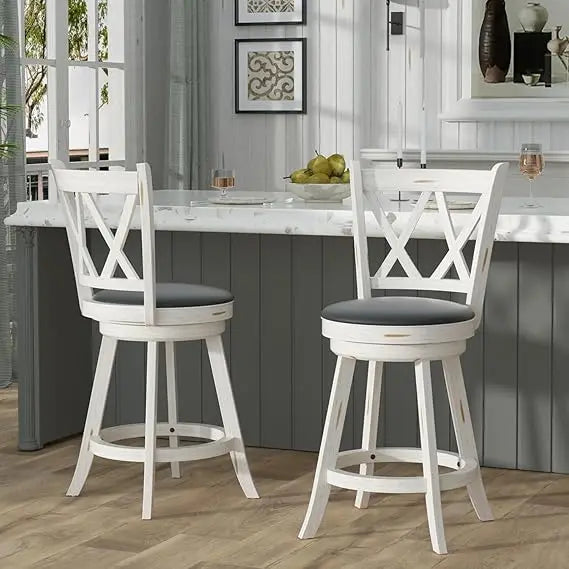 24 Inch High Back Swivel Bar Stools with Upholstered Seats and Solid Wood Footrests