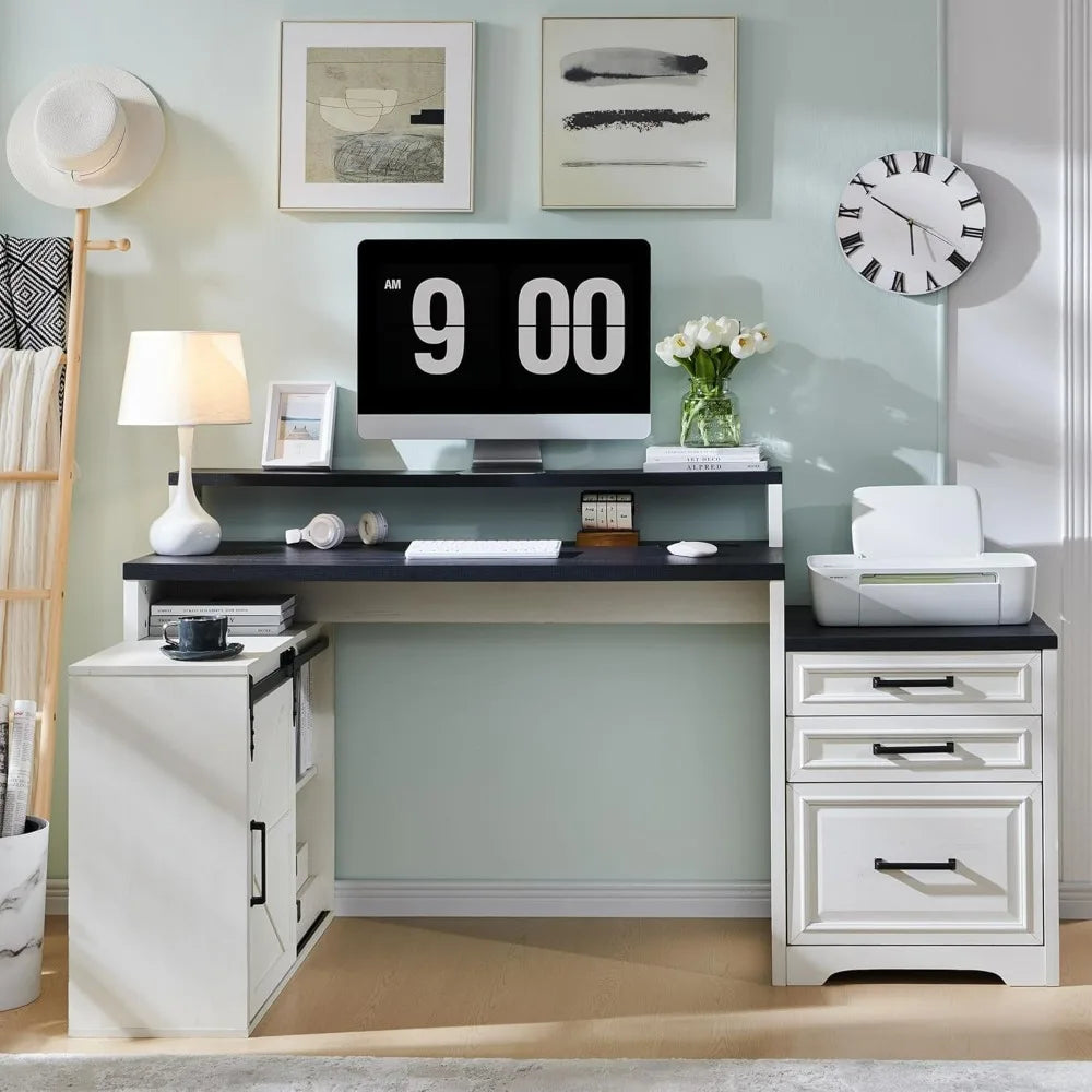 Home Office Desk, Modern Farmhouse Computer Desk with File Cabinet Letter T4 F4 Legal, Study Writing Desk, 67 Inch, Off White