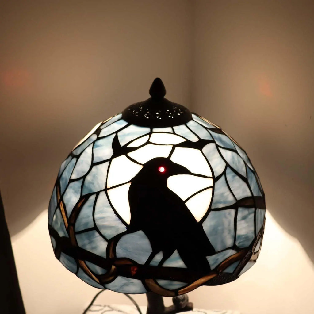 Tiffany Style Stained Glass Table Lamp with Raven on Tree Branch, Dark Blue for Home Decor