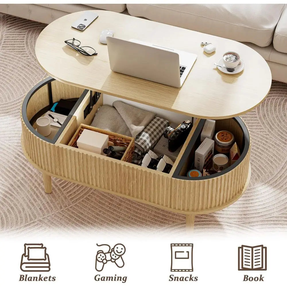 39 Inch Oval Storage Coffee Table with Hidden Compartment, Fully Assembled Wooden Center Table for Living Room or Office, Natura