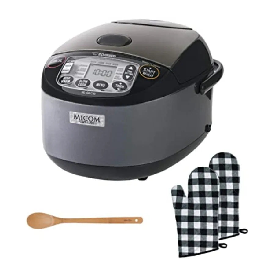 5.5 Cup Uncooked Umami Micom Rice Cooker Bundle with Oven Mitt 2-Pack and 15-Inch Bamboo Spoon in Black Stainless Steel