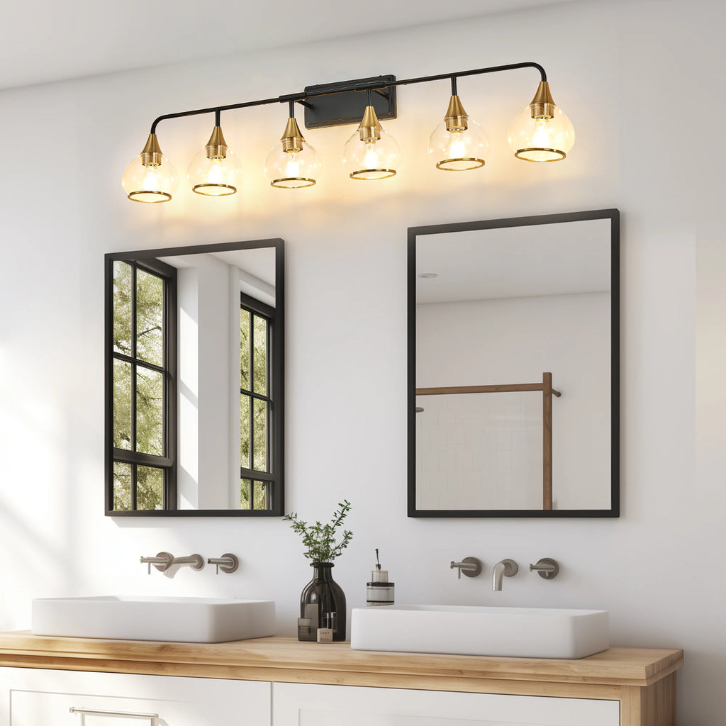 40" Modern 5-Light Vanity Wall Sconce Black and Gold Bathroom Light Fixture with Clear Glass Shades,Wall Mounted Lamp(No Bulb)