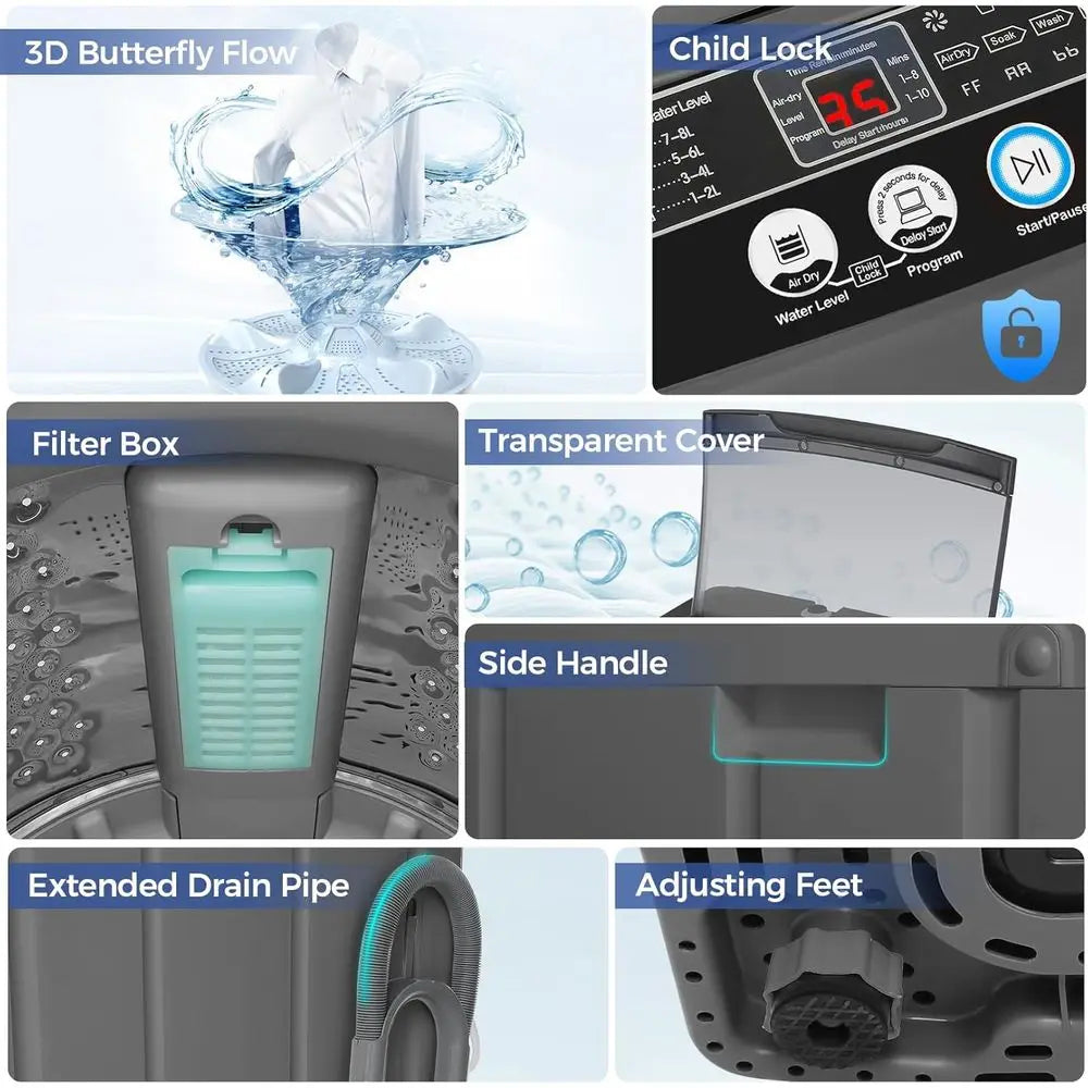 Compact 20LB Portable Washer with Drain Pump, 2.8 Cu.ft, 10 Programs & 8 Water Levels for Laundry on the Go