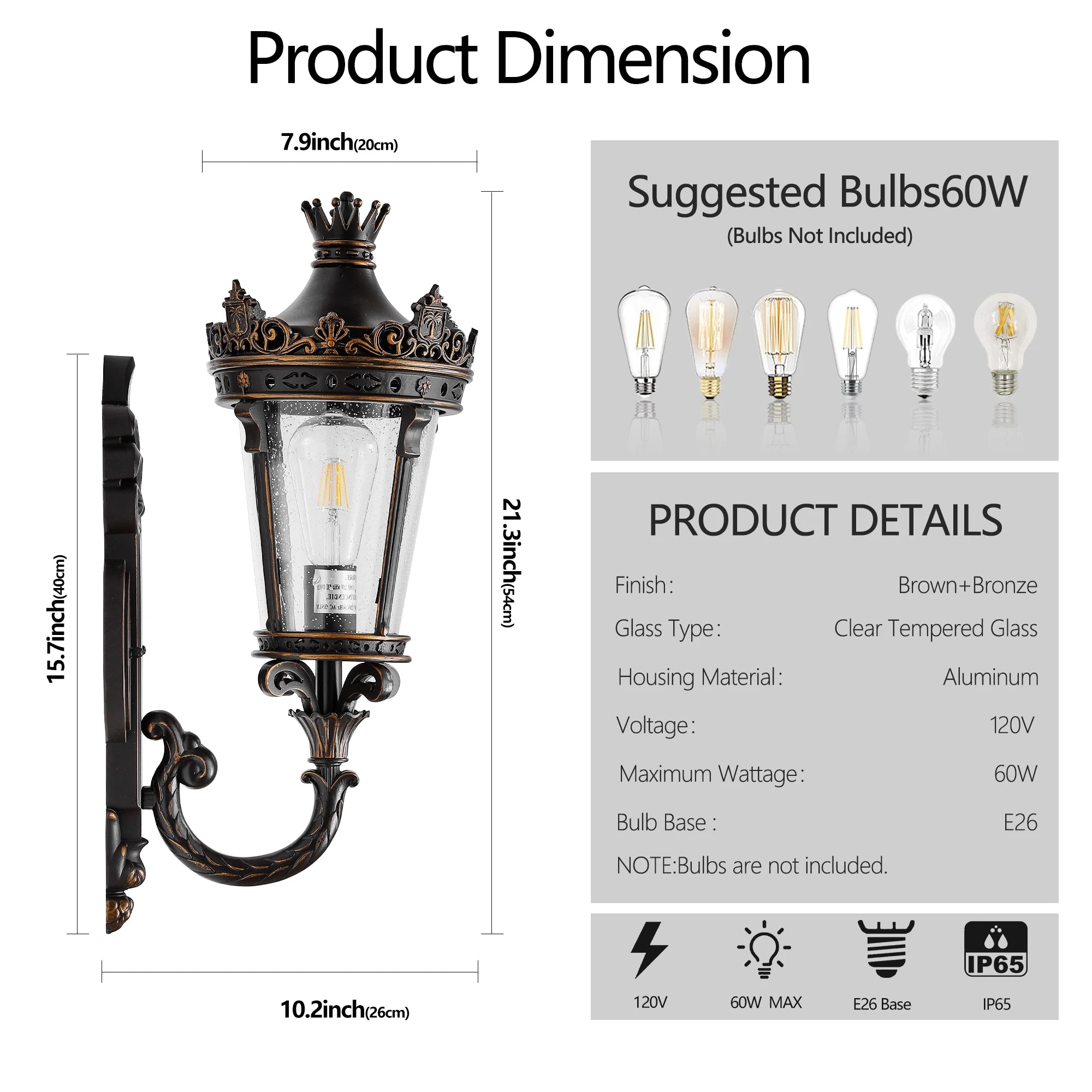 Vintage Outdoor Wall Lantern,Exterior Wall Sconce with Crown Top and Clear Glass, Decorative Outdoor Lighting Fixture (No bulb)