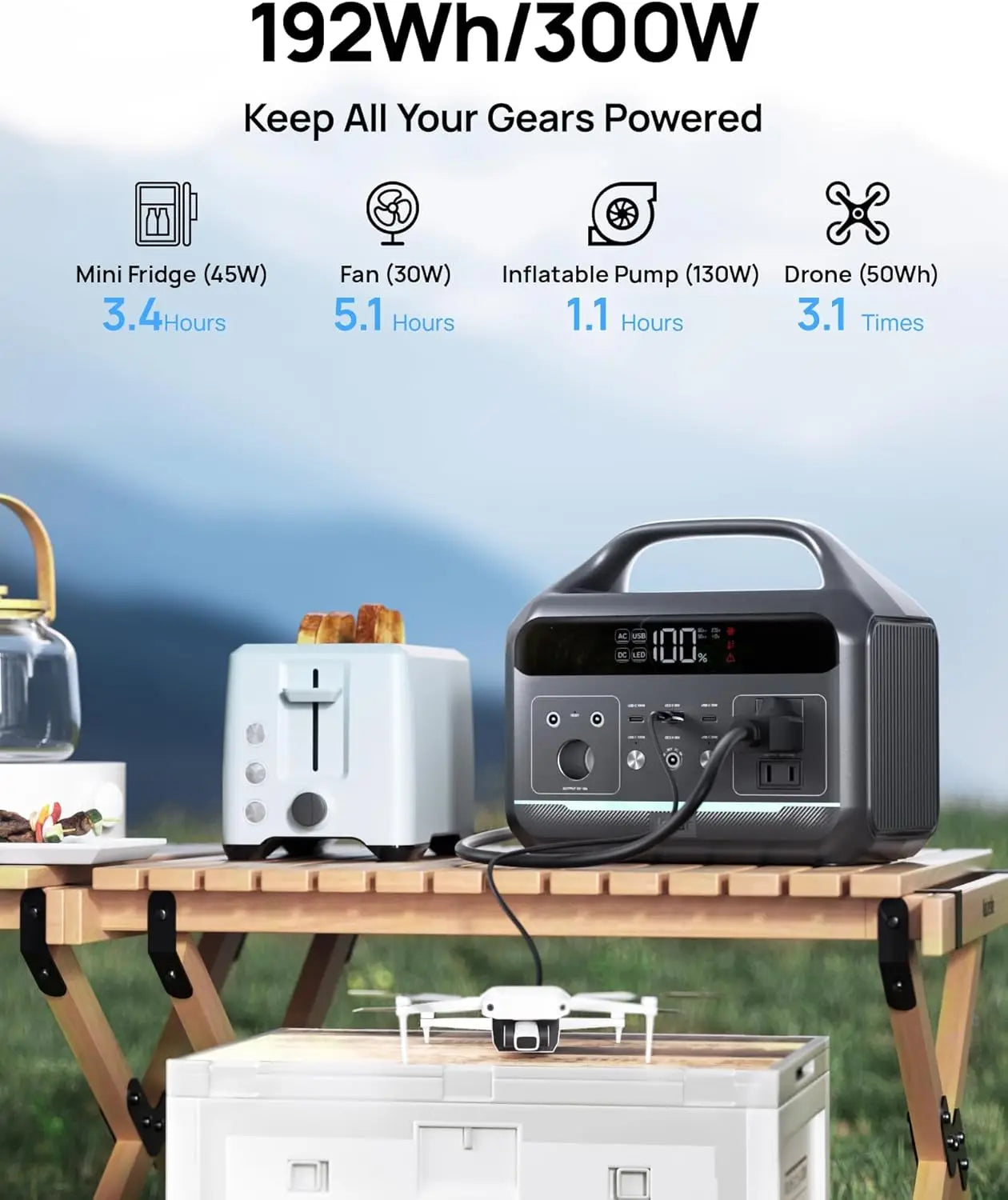 Portable Power Station 300W with LiFePO4 Battery, 192Wh Large Power Bank, 8-Ports Solar Generator Fast Charging for Camping,