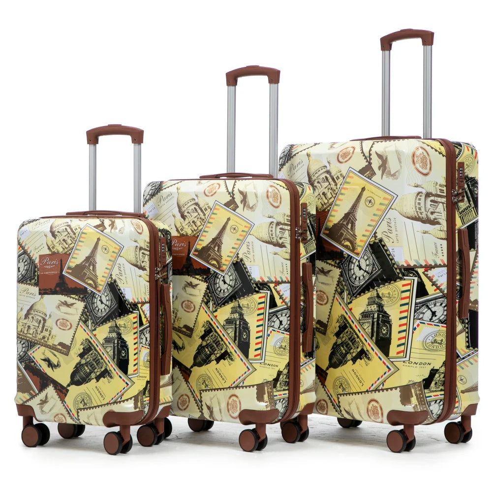 20/24/28 3 pcs/set in PC Spinner Wheel Luggage, Carry on Suitcase, With Printed pattern and Combination Lock (Coffee+Iron Tower)