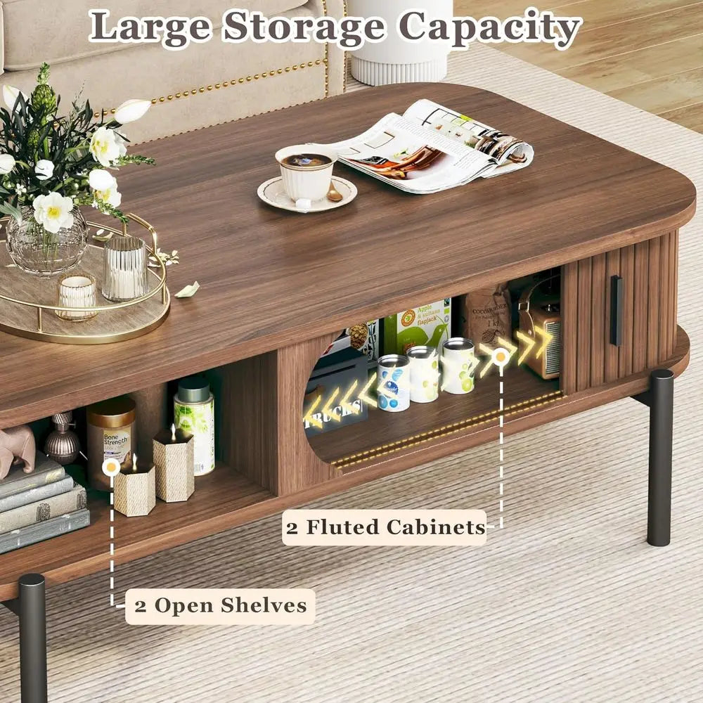 Rustic 2-Tier Walnut Coffee Table with Storage and Sliding Cabinet Door