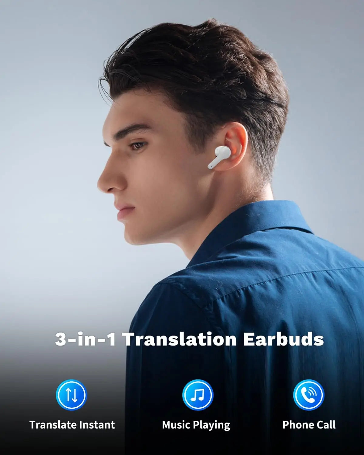 AI Translator Earbuds with Real-Time 144 Languages, 3-in-1 Device for Travel, Business & Learning in White