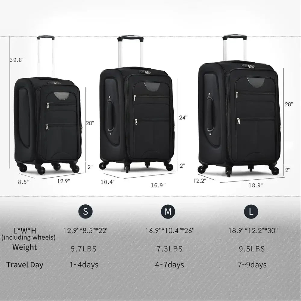Expandable 3-Piece Luggage Set with Dual Bags: 22, 26, 30 Wheeled Suitcases with TSA Lock, Black