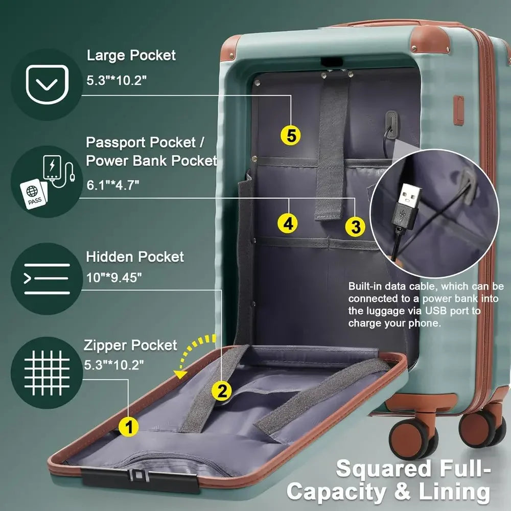 5-Piece Expandable Hardshell Suitcase Set with Spinner Wheels, Lightweight Carry-On Luggage, USB Port, and Cup Holder, 20/24/28,