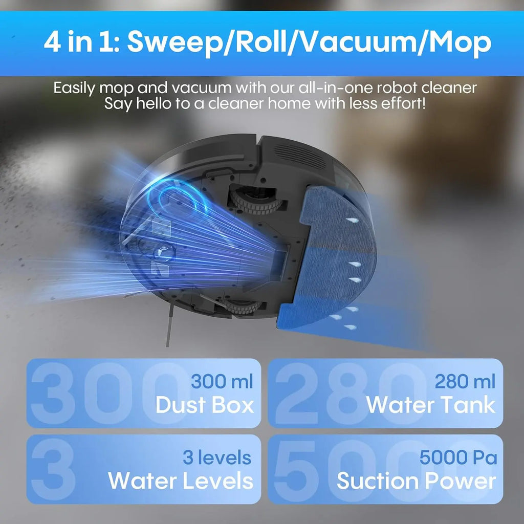 Robot Vacuum and Mop with 5000Pa Suction, Wi-Fi/App Control, Ultra Slim Design for Pet Hair and Hard Floors