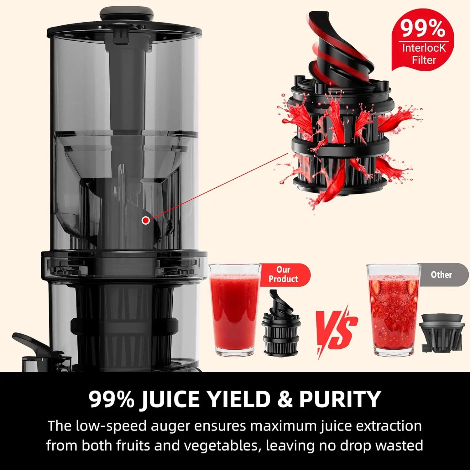 Cold Press Juicer: 99% Juice Yield, Wide Feed Chute, Quiet Motor, BPA-Free, Easy Clean