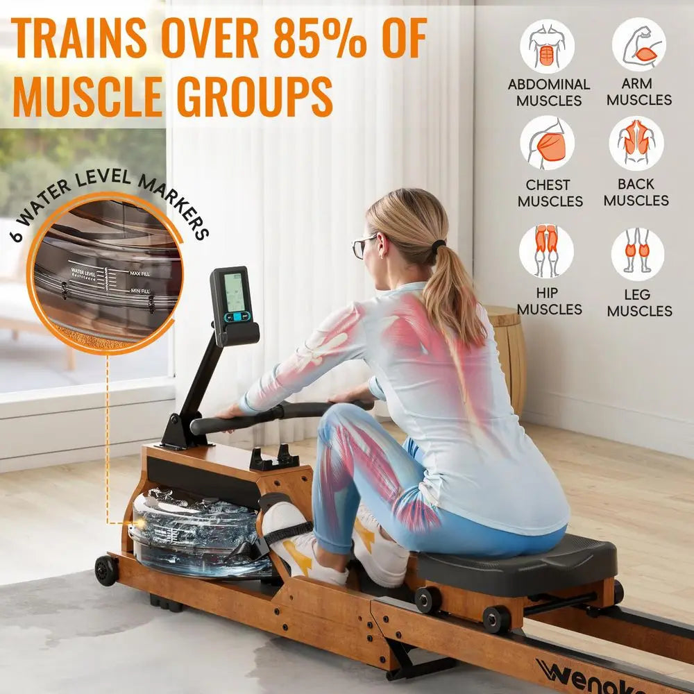 Rowing Machine for Home Use, Wooden Foldable Rower Machine with Dedicated Monitor amp Bluetooth APP, Large Water Tank amp Comfo