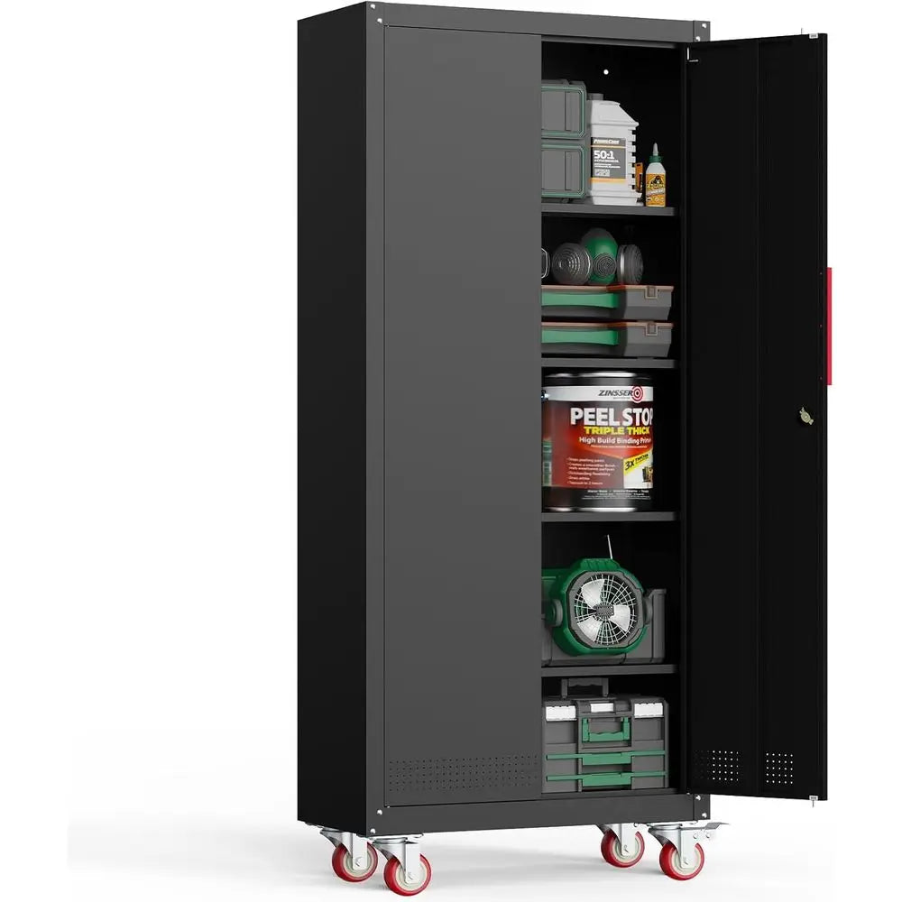71 Tall Metal Storage Cabinet with 4 Shelves, 2 Locking Doors, Wheels for Garage, Home, Office, Workshop - Black
