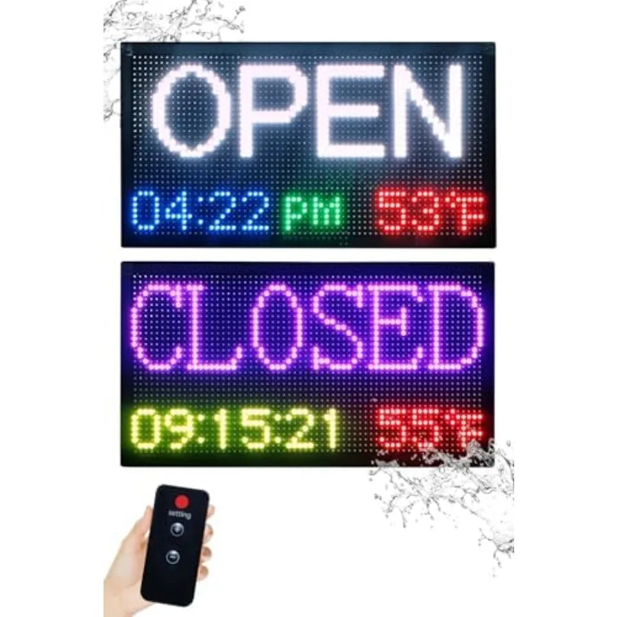 20"x11" Smart LED Open/Closed Sign Outdoor Waterproof RGB Color Changing Backlight with Remote Control Digital Alarm Clock Cale
