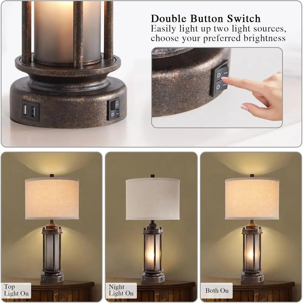Rustic Vintage Table Lamp with 2 USB Ports, Glass Night Light, 4 Bulbs, Bronze Finish