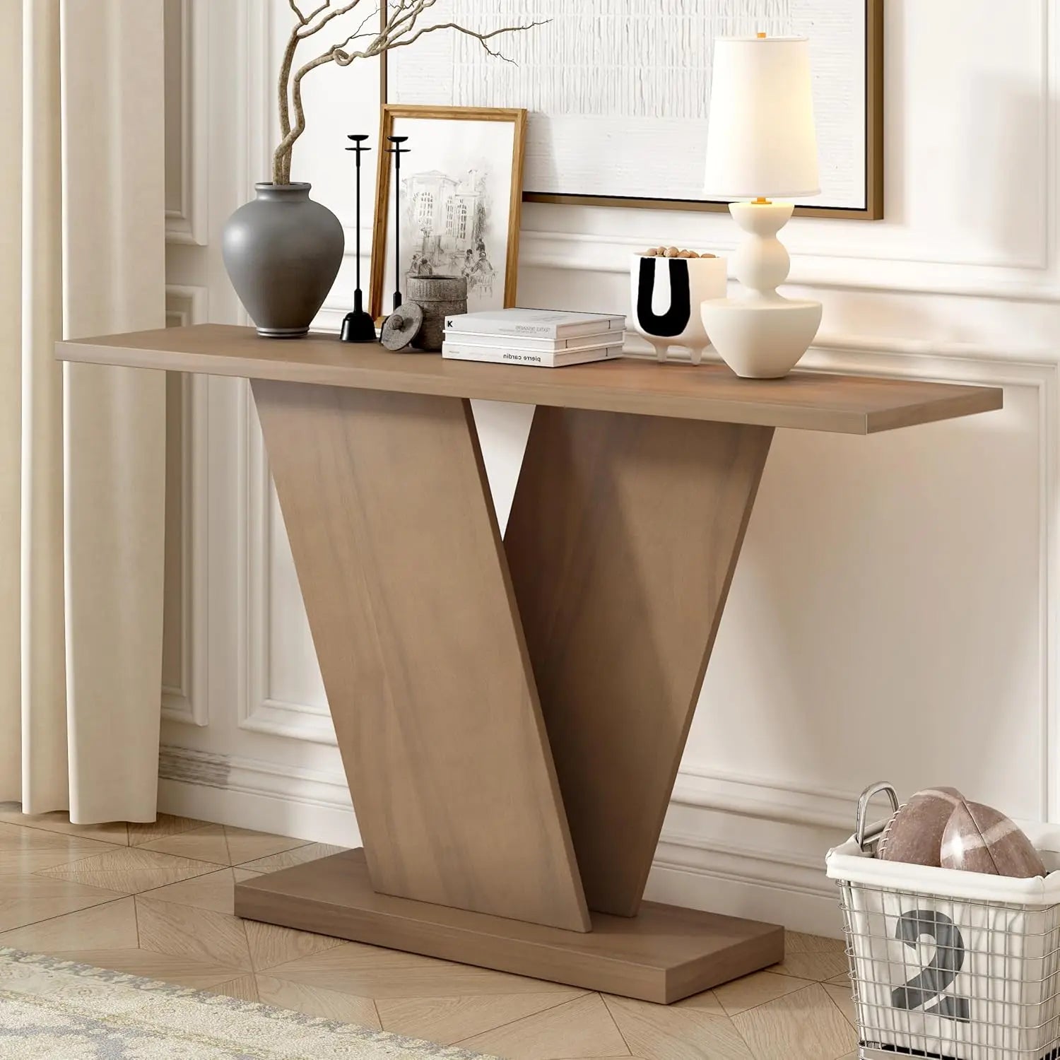 V-Shaped Base Console Table Natural Wood Veneer Entryway Hallway Living Room 59.8" W X 14.2" D X 33.8" H, Customized