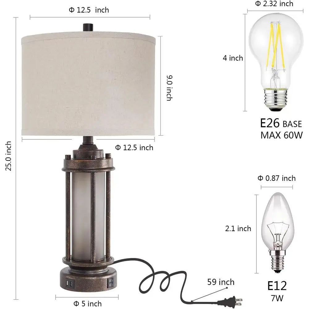 Rustic Vintage Table Lamp with 2 USB Ports, Glass Night Light, 4 Bulbs, Bronze Finish