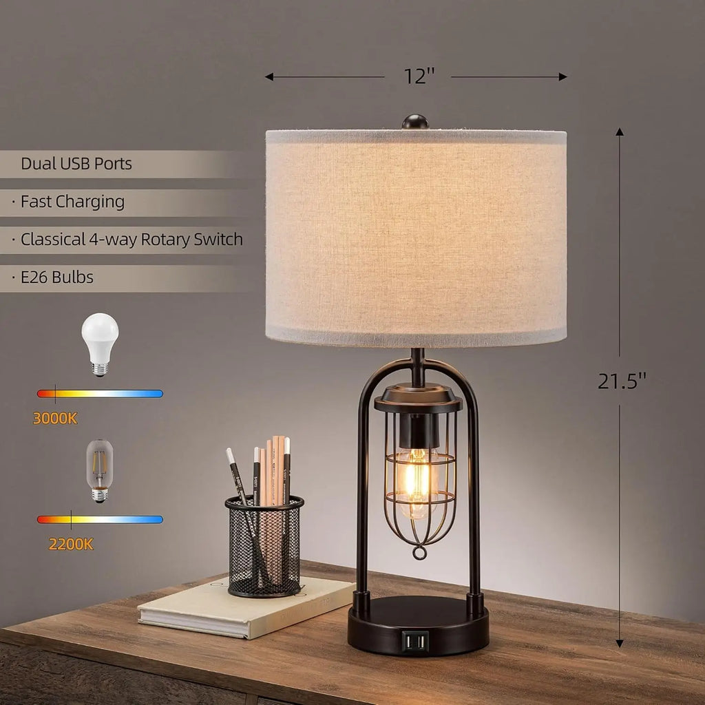 Set of 2 Modern Table Lamps with USB Ports and Night Light for Living Room Bedroom, Bulbs Included