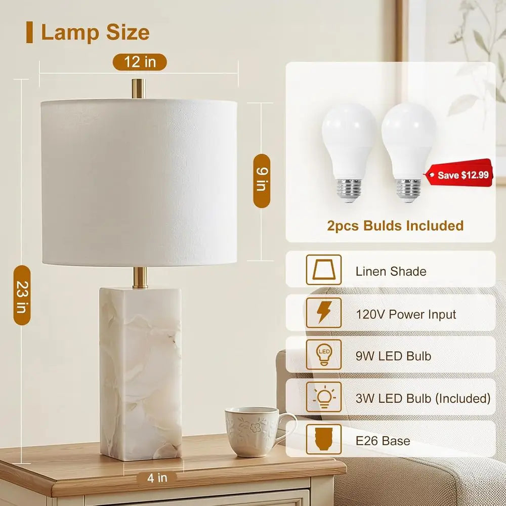 Alabaster Table Lamp Set of 2 with Night Light, 23 Rotary Switch, Linen Shade, Ideal for Bedroom, Living Room, Office or Dorm (B