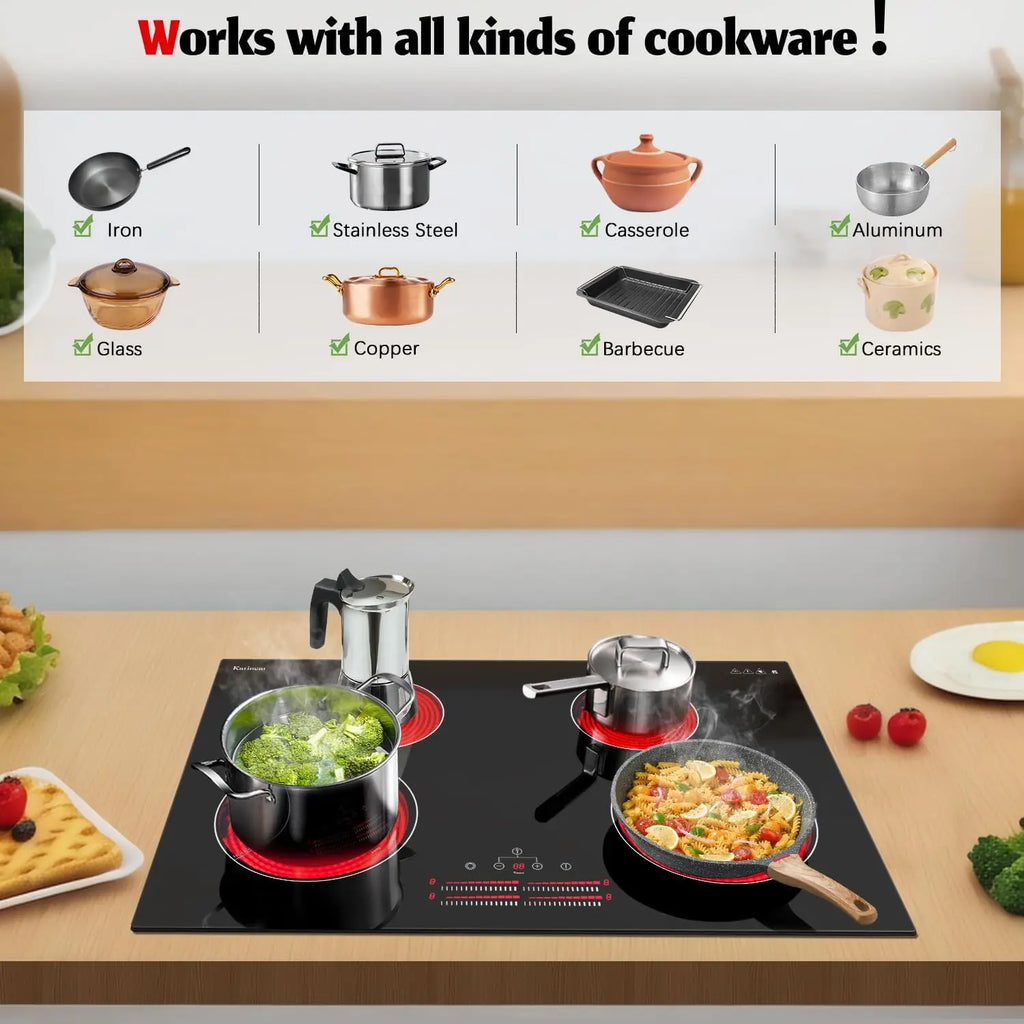 Karinear 4 Burner Electric Ceramic Cooktop 30 Inch, 220-240V, 30 Inch Built-in Install, 7100W, Slide Control, Oval Zone(No Plug)