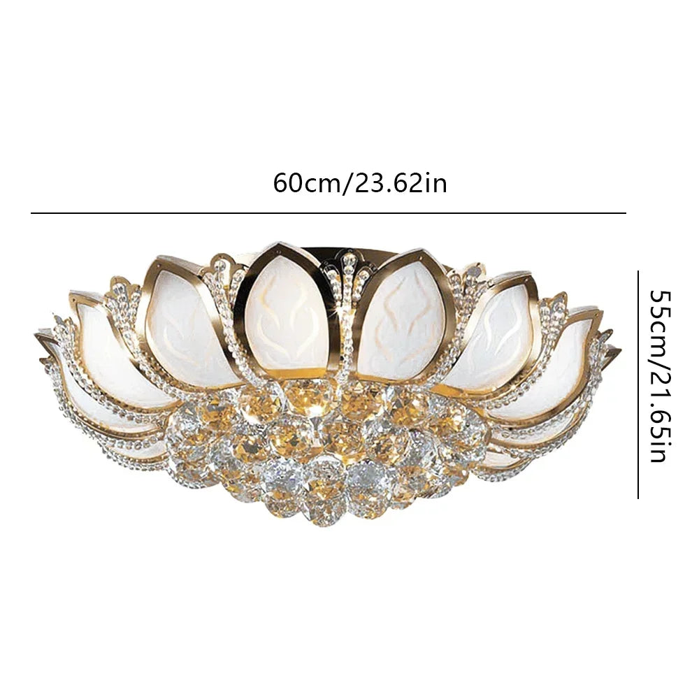 23.5Inch Flower Shaped Crystal Chandelier, E12 110V Gold Crystal Ceiling Lamp Modern Chandelier Hanging Lamp Flush Mount