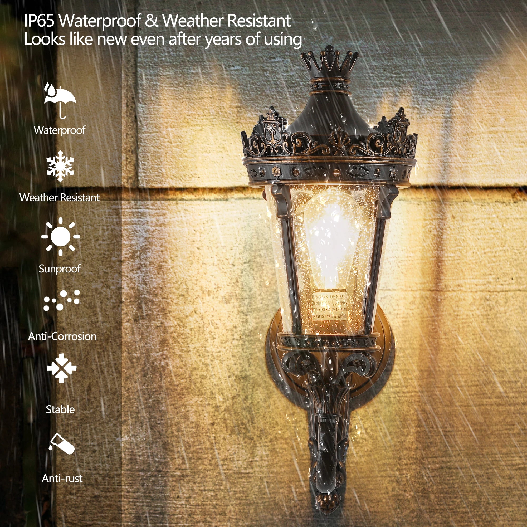 Vintage Outdoor Wall Lantern,Exterior Wall Sconce with Crown Top and Clear Glass, Decorative Outdoor Lighting Fixture (No bulb)