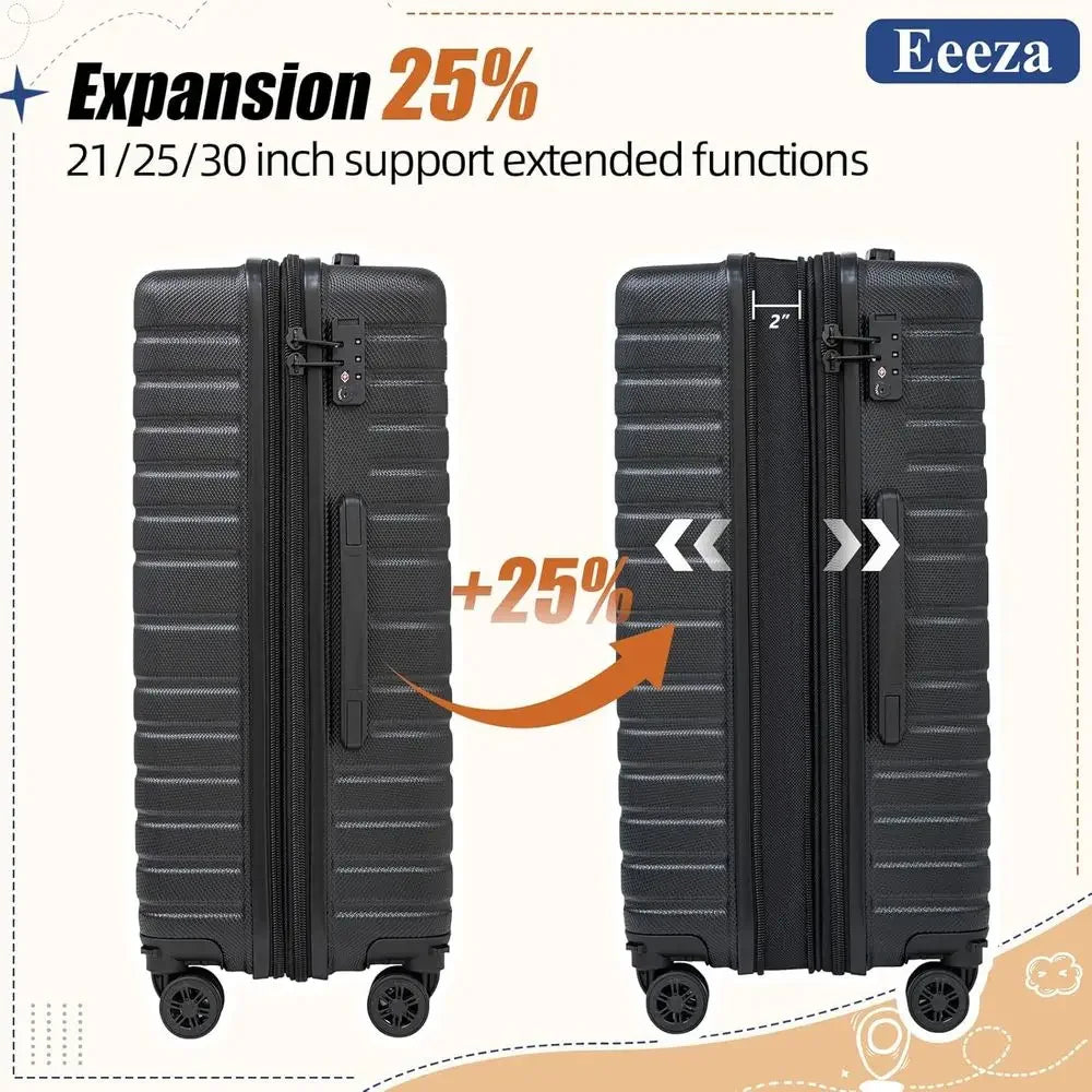 Expandable 21-30 Inch 5-Piece Luggage Set with ABS Shell, TSA Lock, and Spinner Wheels - Black