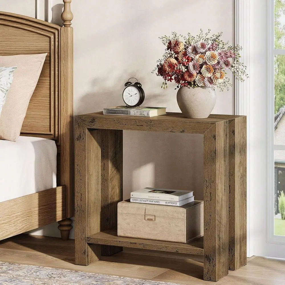 Narrow Side Table, Farmhouse Wooden Sofa End Table With Bottom Shelf, Skinny Accent Nightstand For Small Space, Living Room, Be