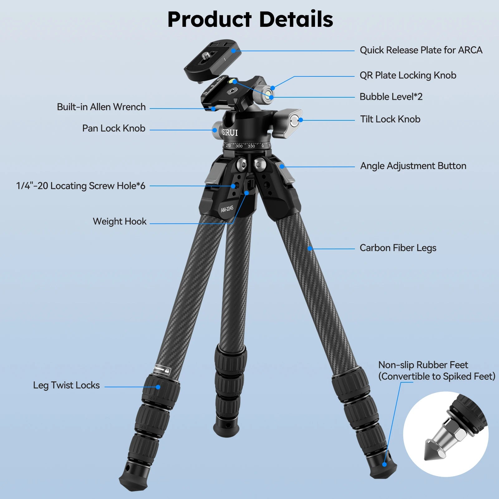 SIRUI AM-224S+G0 Portable Tripod For Camera Phone Action Camera Accessories Support Weight Up To 10KG Carbon Feather