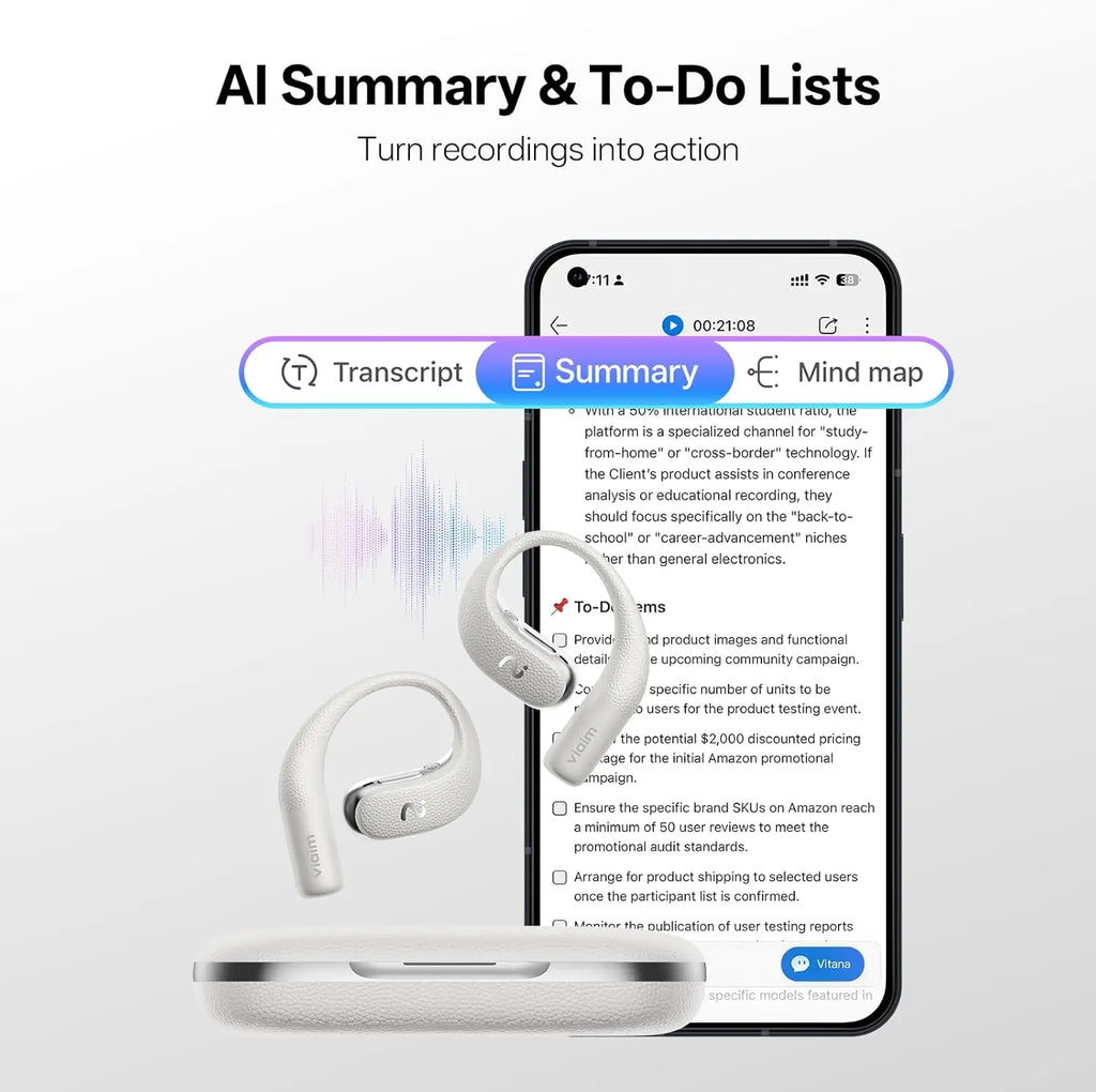Open Ear AI Voice Recorder Earbuds with Instant Recording, Transcription & Summary for Meetings, Driving, Sports