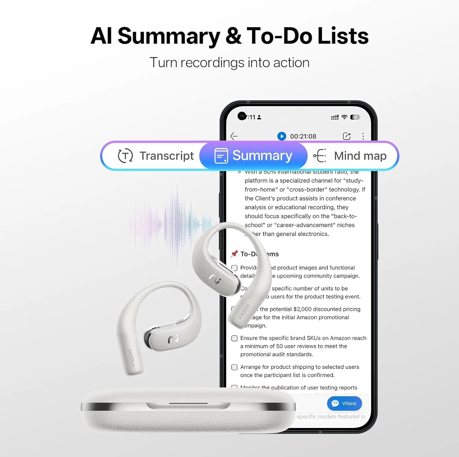 Open Ear AI Voice Recorder Earbuds with Instant Recording, Transcription & Summary for Meetings, Driving, Sports