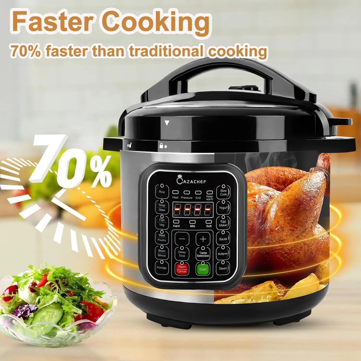 8qt Stainless Steel Pressure Cooker, 14-in-1 Electric Rice Cooker & Slow Cooker, LED Multifunction Steamer & Food Warmer