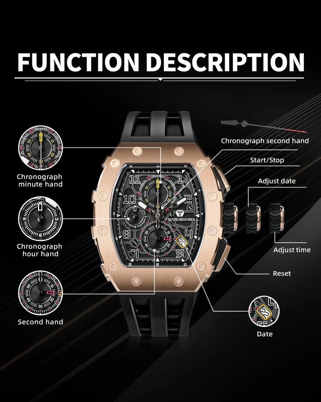 TSAR BOMBA Elegant Men's Quartz Watch — 50M Water-Resistant, Luxury Tonneau-Shaped Wristwatch with Date Display — An Ideal Gift