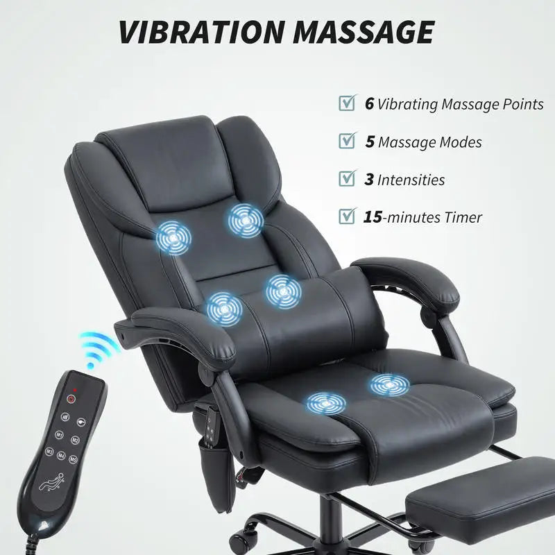 Office Chair with Massage, Pet-Friendly Faux Leather Reclining Desk Chair with Lumbar Support, Footrest, Black