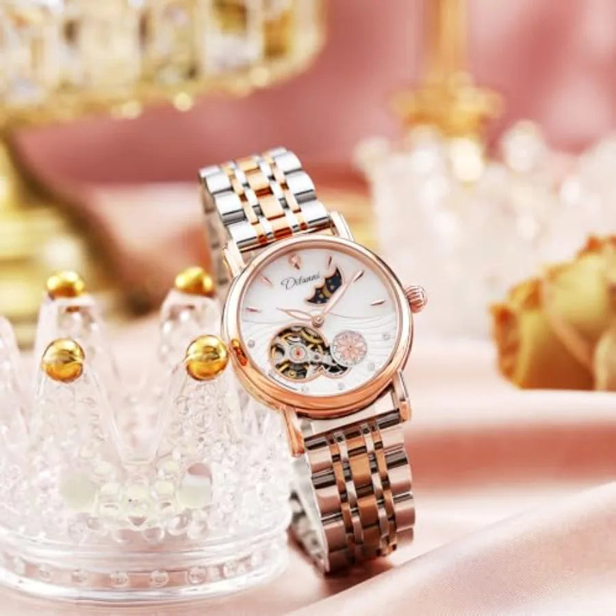 Womens Automatic Mechanical Stainless Steel Moonphase Watches Leather Strap Self-Winding Pearl Skeleton dial Waterproof Ladies