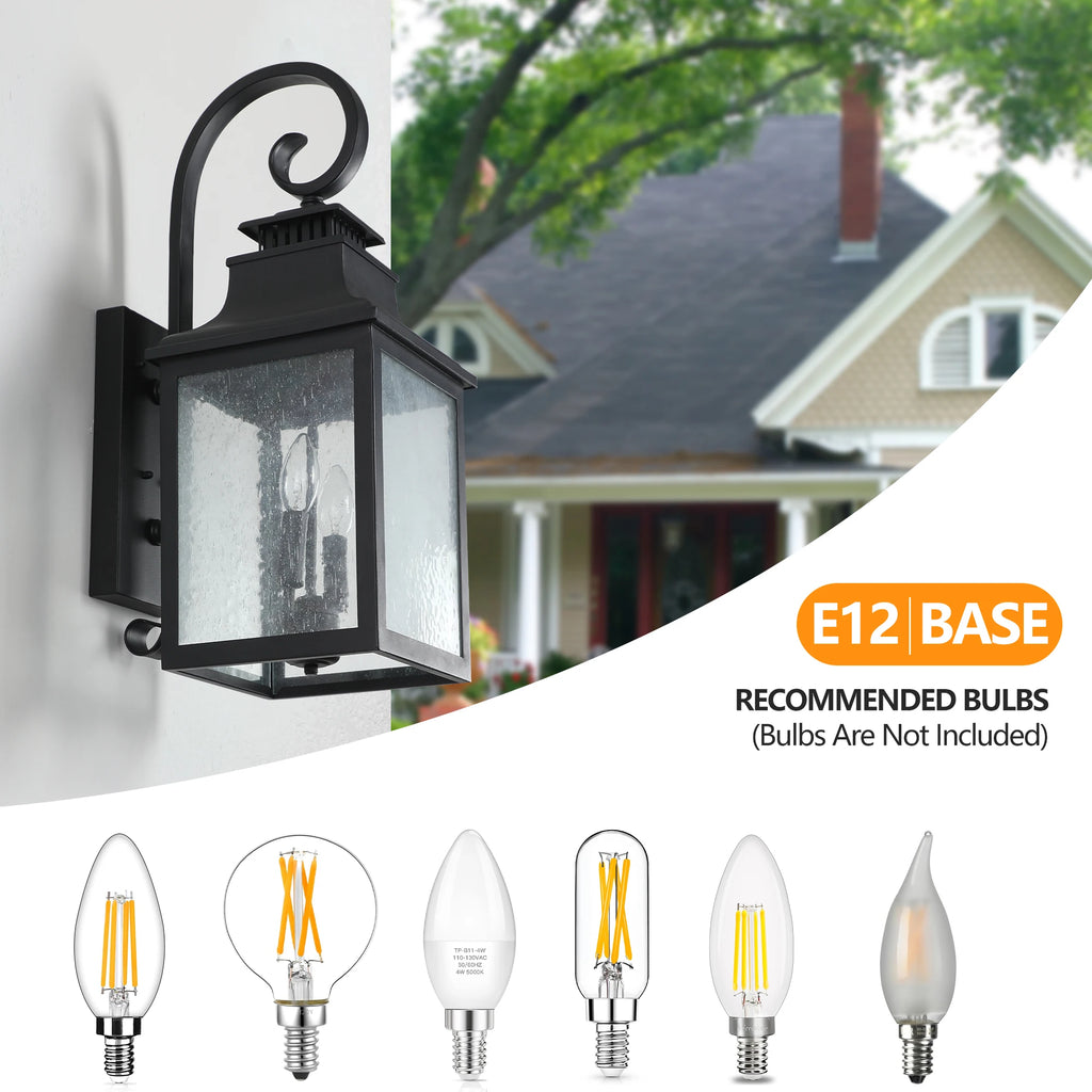 23 in Outdoor wall light fixture made of black metal transparent frosted glass, suitable for porch, terrace, garage, garden