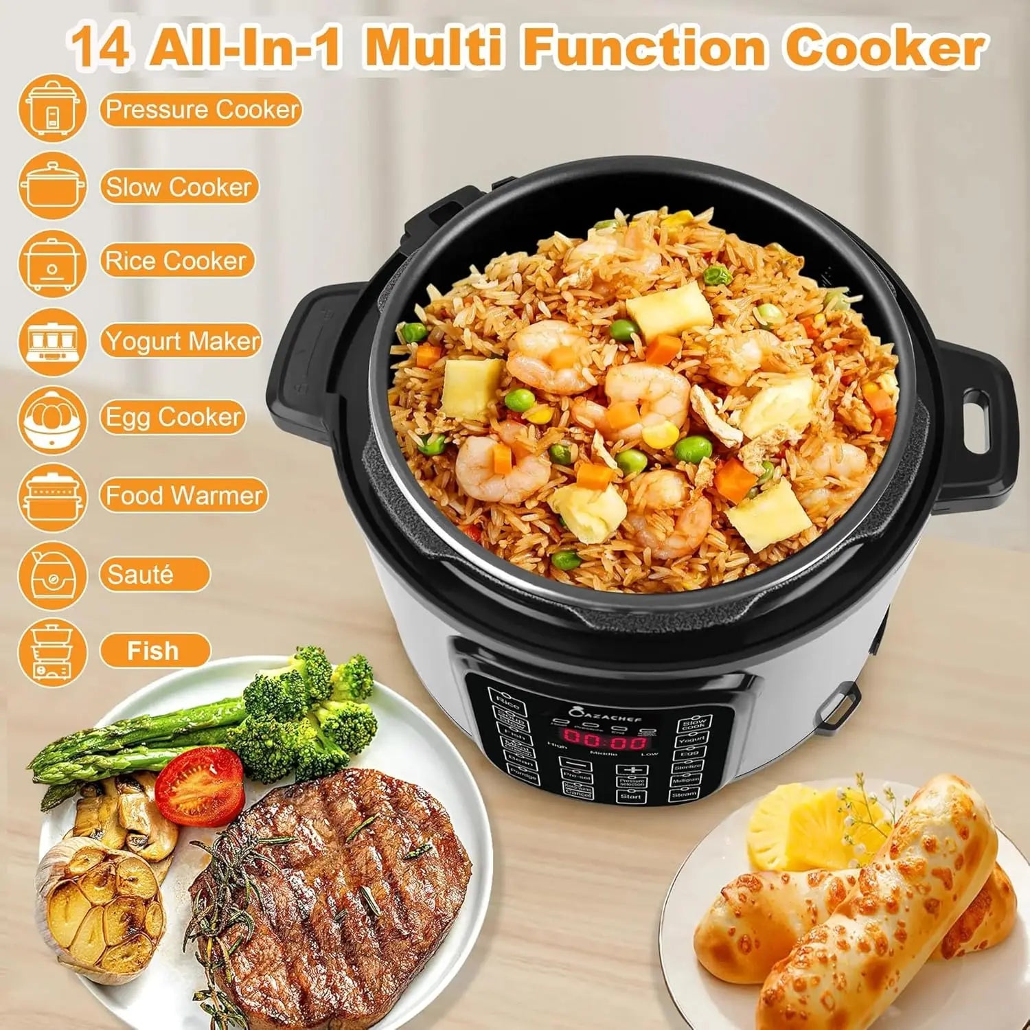 8qt Stainless Steel Pressure Cooker, 14-in-1 Electric Rice Cooker & Slow Cooker, LED Multifunction Steamer & Food Warmer