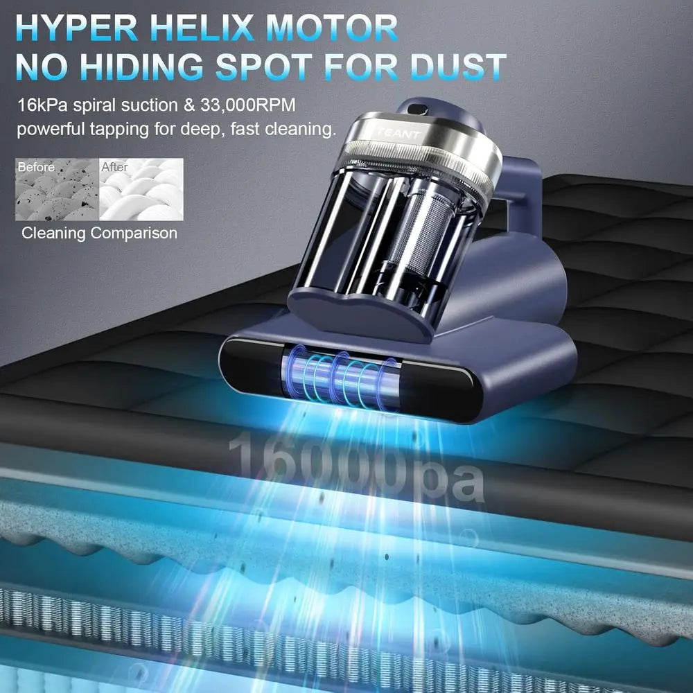 Ultra-Powerful Bed Vacuum Cleaner with UV-C Light, 16kPa Suction, HEPA Filter, 149℉ Heat, and Anion Technology for Bed and Pet.
