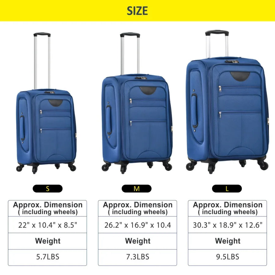 Travel luggage set for airport and business trips: softshell expandable upright spinners in navy blue, lightweight and durable