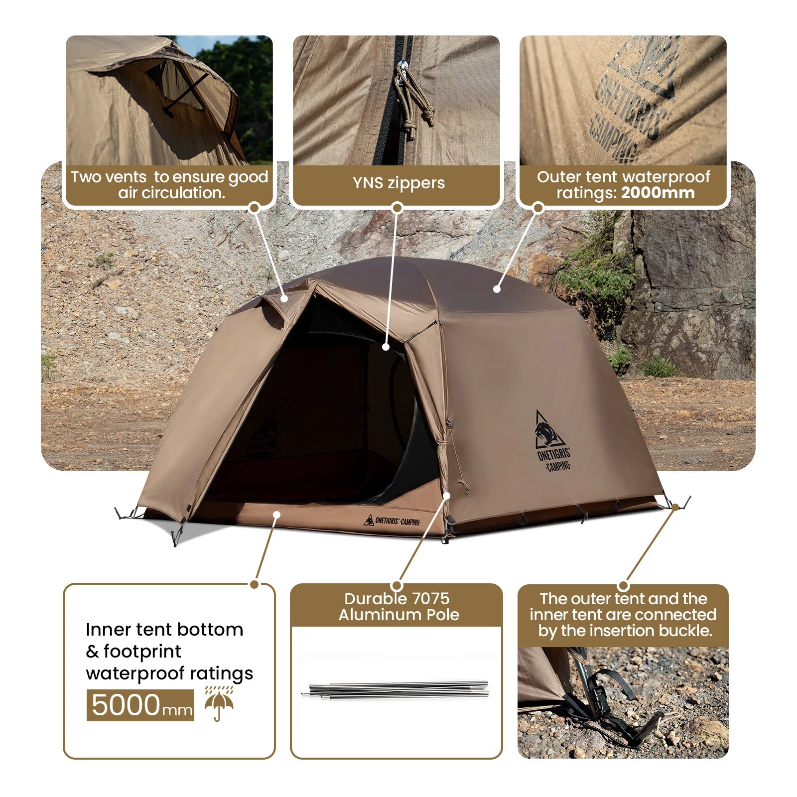 OneTigris JOVIAN Camping Tent 3-Season 4-Person Dome Tent Outdoor Backpacking Shelter With Tent Bottom Waterproof Floor Mat
