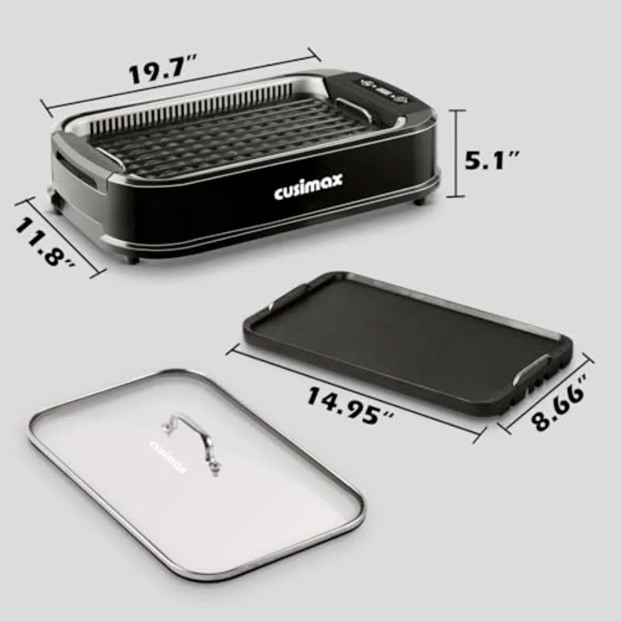Indoor Grill Smokeless 1500W Electric Griddle for Korean BBQ with LED Smart Display Tempered Glass Lid Non-stick Removable Plat