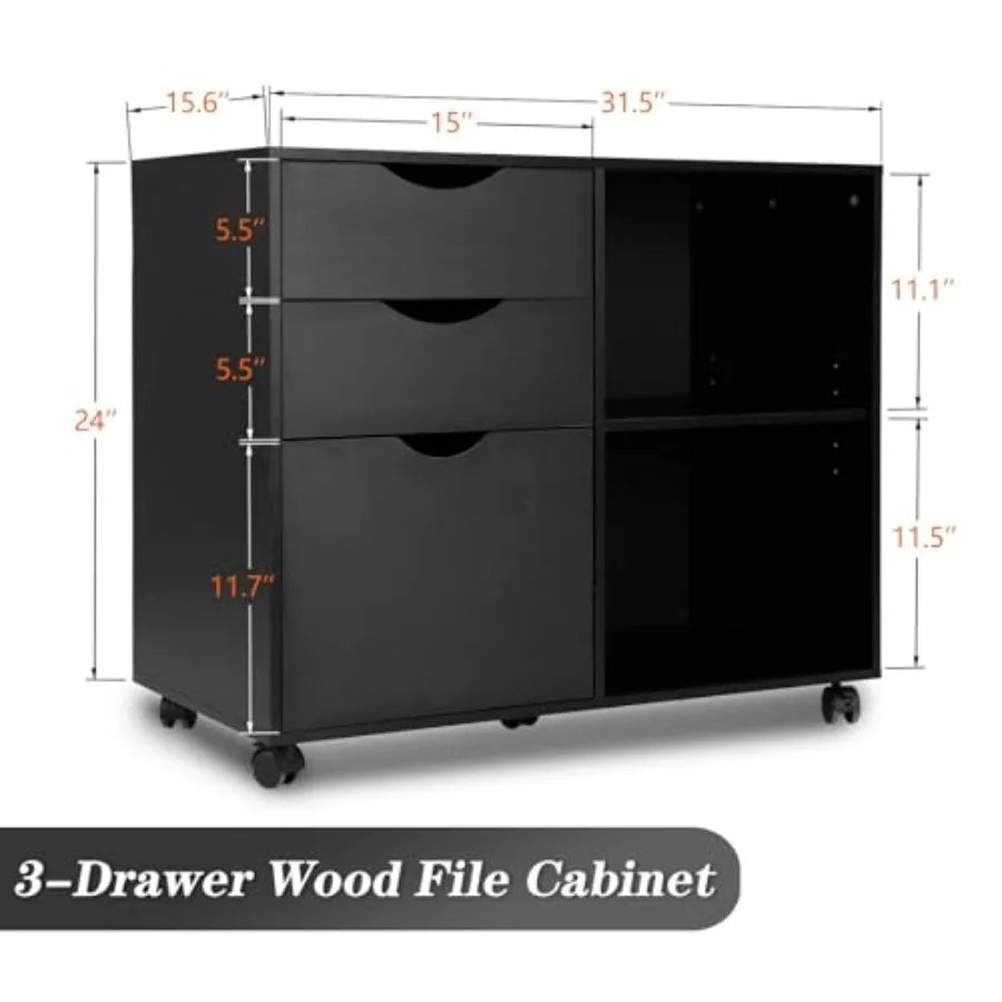 3-Drawer with Shelf Wood File Cabinet Mobile Lateral Filing Cabinet with Rolling Wheel Printer Stand and Open Adjustable Storag