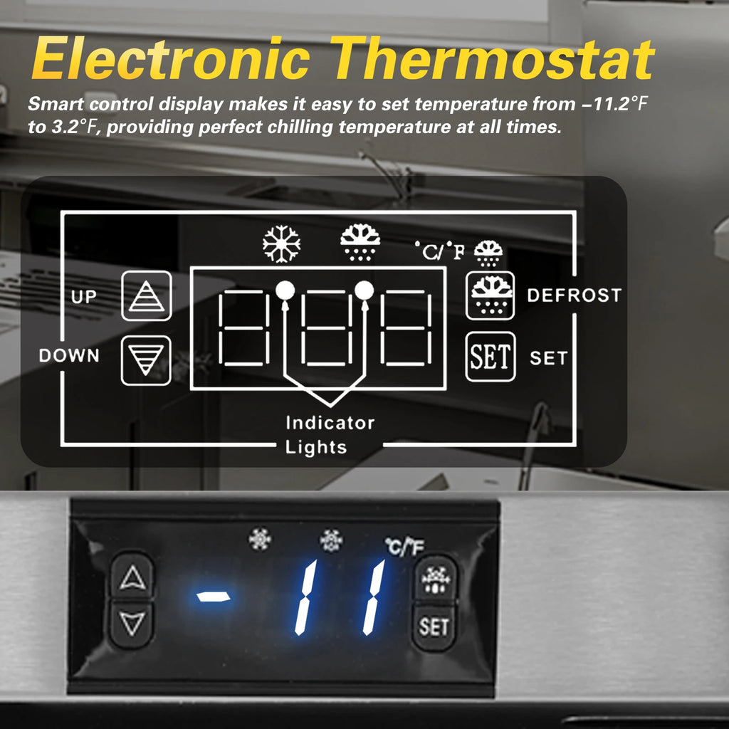 HCK Freezer, Undercounter Refrigerator with Stainless Steel Body, Electronic Temperature Control, Lockable Door, 3 Movable Baske