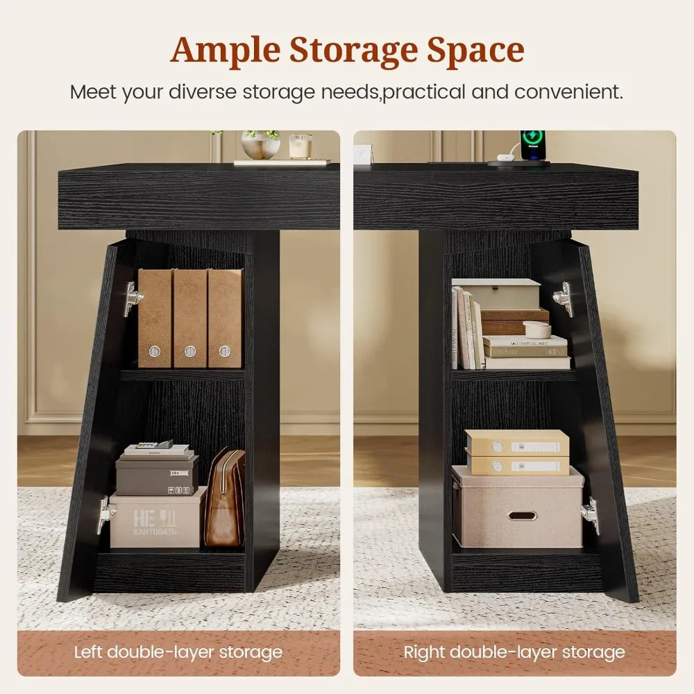 55.9 in Executive Desk with Power Outlets, Modern Home Office Desk with Storage Cabinet, Wood Computer Desk Business Workstation