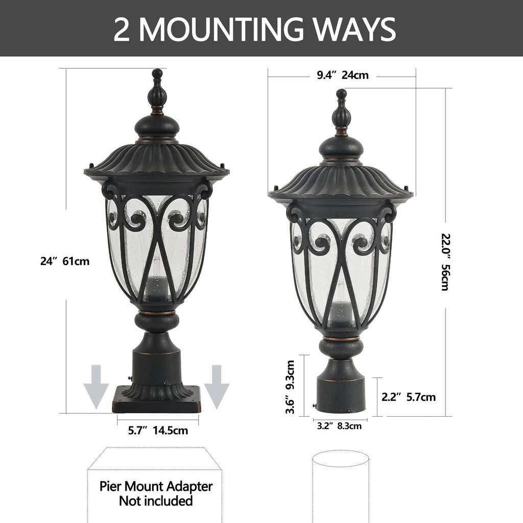 Vintage Black Outdoor Post Lantern - Waterproof Aluminum Lamp Post Light with Bubble Glass, Decorative Garden Lighting(No Bulb)