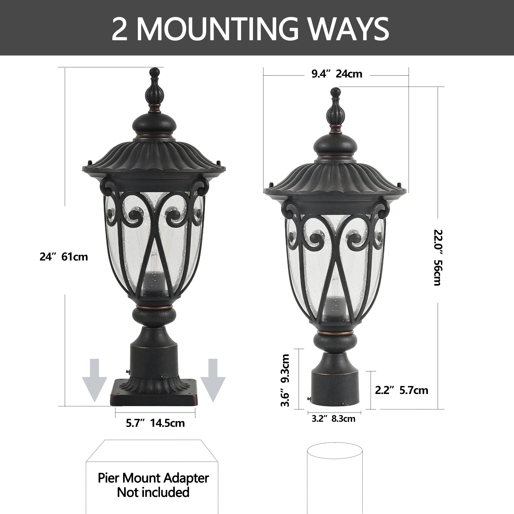 Vintage Black Outdoor Post Lantern - Waterproof Aluminum Lamp Post Light with Bubble Glass, Decorative Garden Lighting(No Bulb)