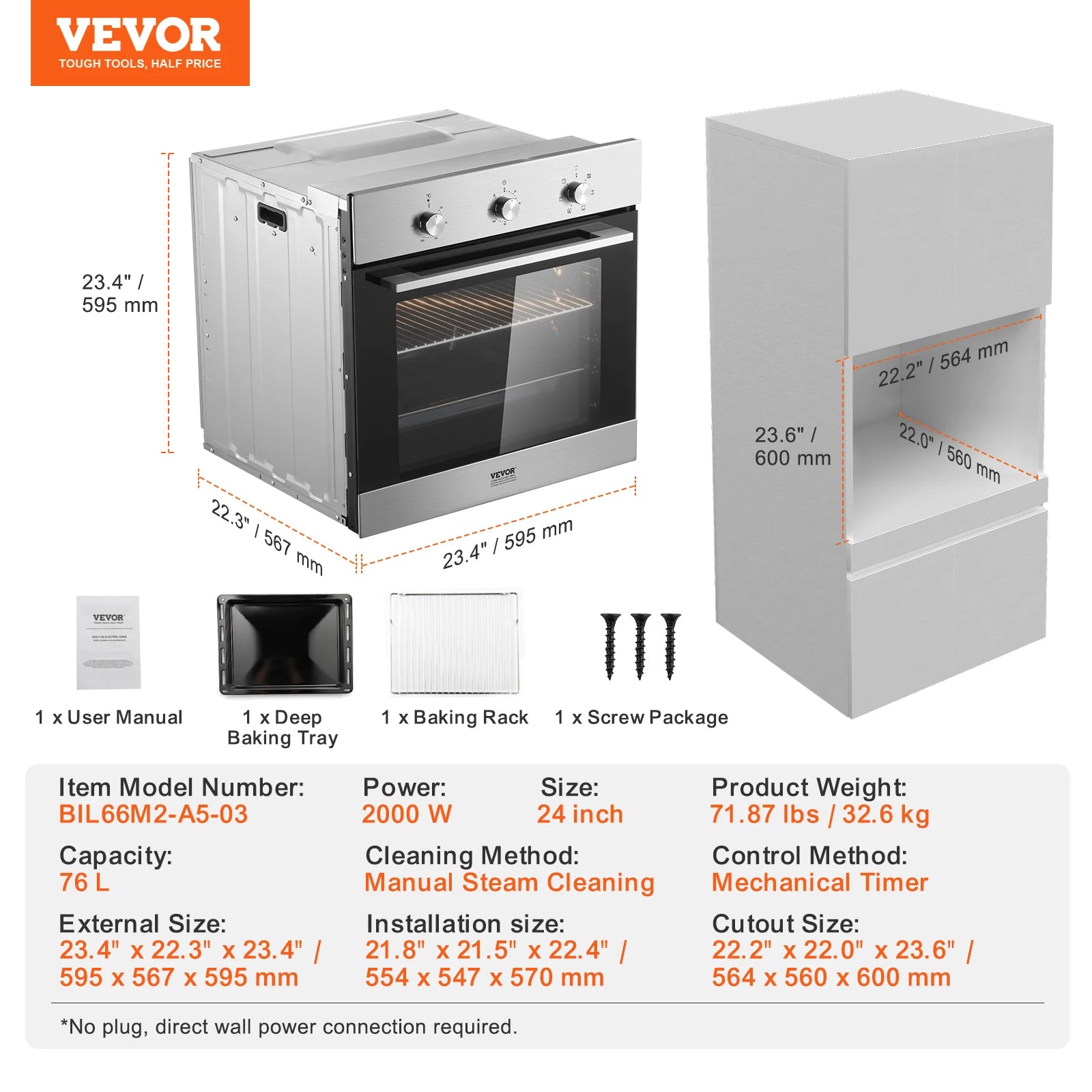 SucceBuy Single Wall Oven 24" Electric Built-in Wall Oven 2.68 Cu.Ft Electric Wall Ovens with Timer Electric Oven for Kitchen
