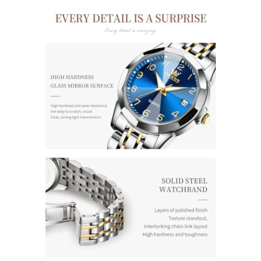 OLEVS Womens Watch Classic Dress Number Female Watches for Ladies Analog Quartz Stainless Steel Waterproof Lumius Day Date Two