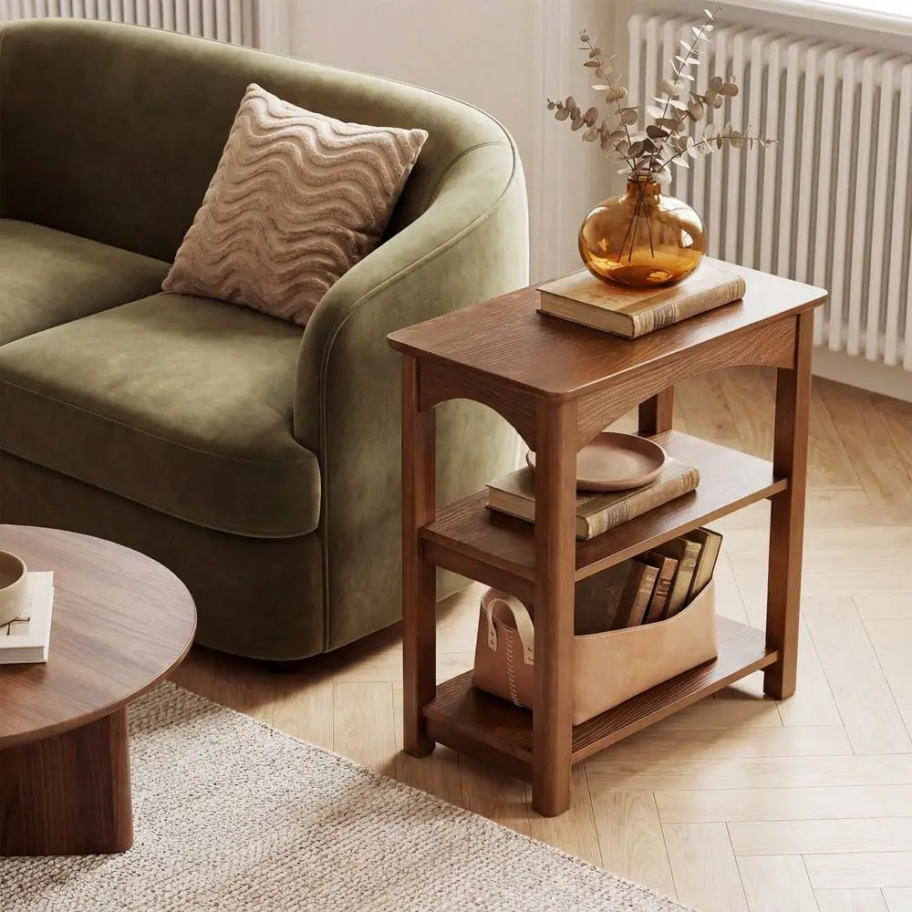 3Tier Solid Wood Accent Table, Narrow Side Table With Storage For Small Spaces, Slim End Table For Living Room Bedroom
